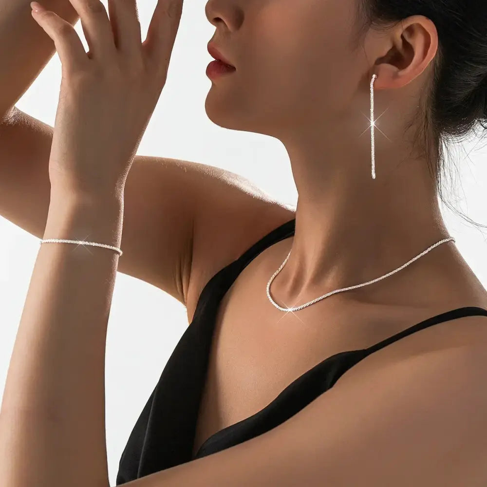 Set of Shiny Silver Plated Collarbone Chain Necklace Bracelet Jewelry Women’s Minimalist Starry Sky Accessories - S4004