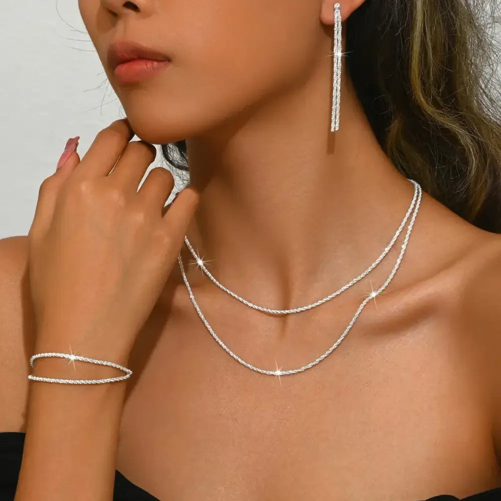 Set of Shiny Silver Plated Collarbone Chain Necklace Bracelet Jewelry Women’s Minimalist Starry Sky Accessories