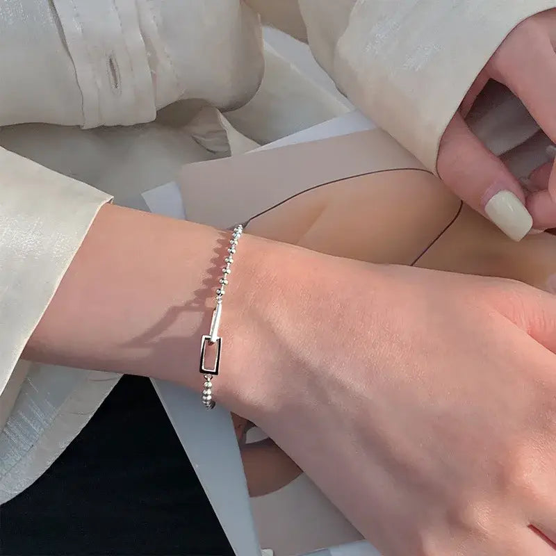 Silver Geometric Square Round Bead Bracelet For Women Personality Temperament Simple Hand Jewelry Party - Womens
