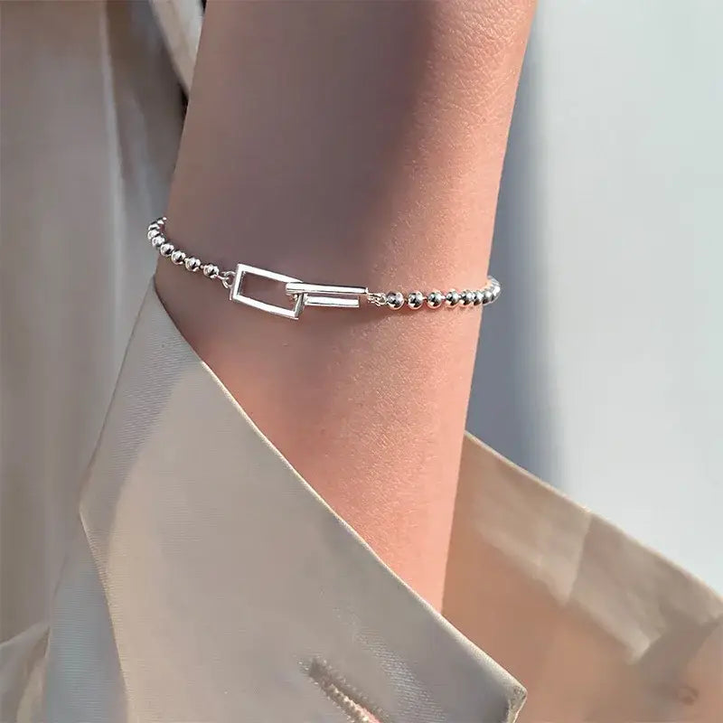Silver Geometric Square Round Bead Bracelet For Women Personality Temperament Simple Hand Jewelry Party - Womens