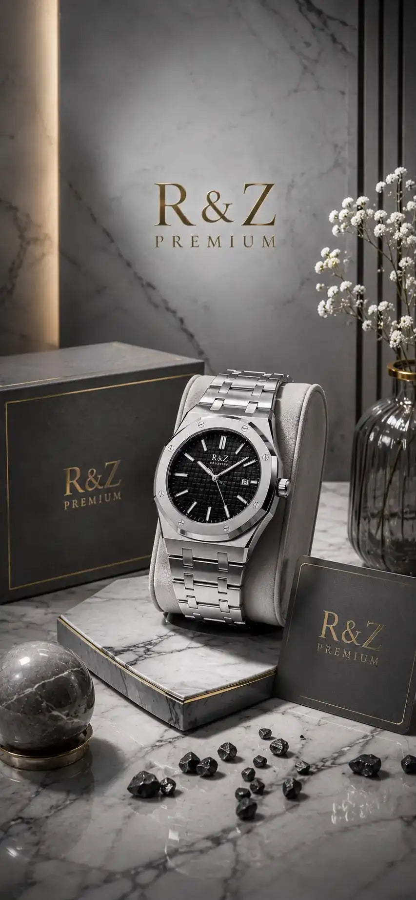 Silver-toned stainless steel wristwatch with a black dial and minimalist hour markers, displayed on a cushion in an elegant r&z premium presentation setting.