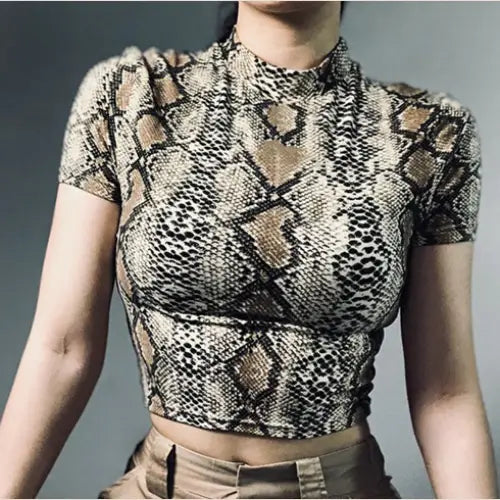 Snake Print Short Sleeve Crop Top for Women