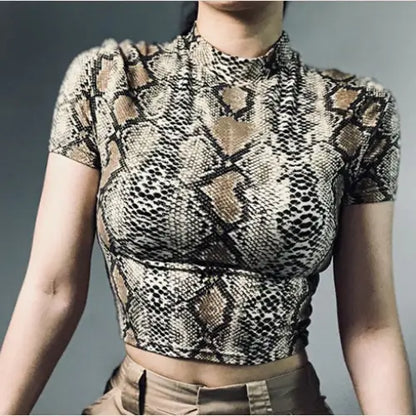 Snake Print Short Sleeve Crop Top for Women