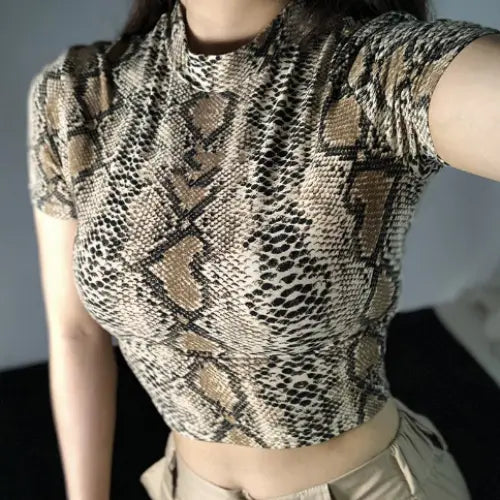 Snake Print Short Sleeve Crop Top for Women