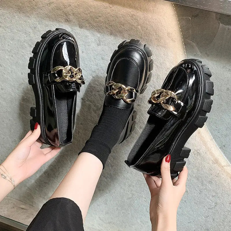 Spring Black Thick Sole Slip-On Boat Shoes for Ladies