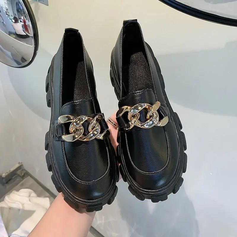 Spring Black Thick Sole Slip-On Boat Shoes for Ladies