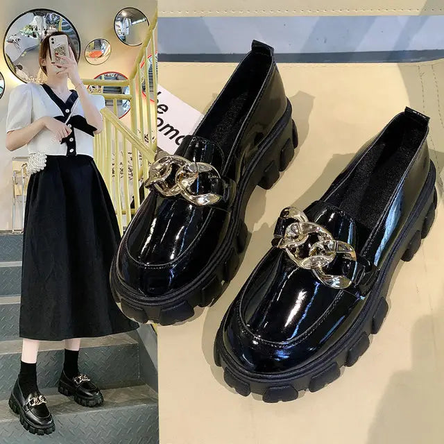 Spring Black Thick Sole Slip-On Boat Shoes for Ladies - Gloss black / 36