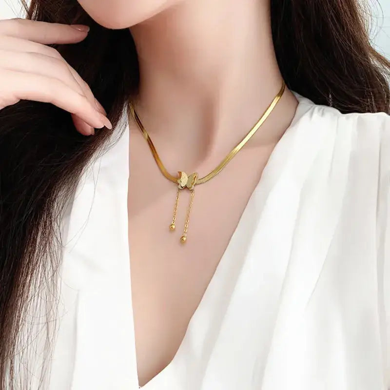 Stainless Steel Frosted Butterfly Necklace For Women Gold Silver Color Snake Chain Choker Necklace Female Fashion Party