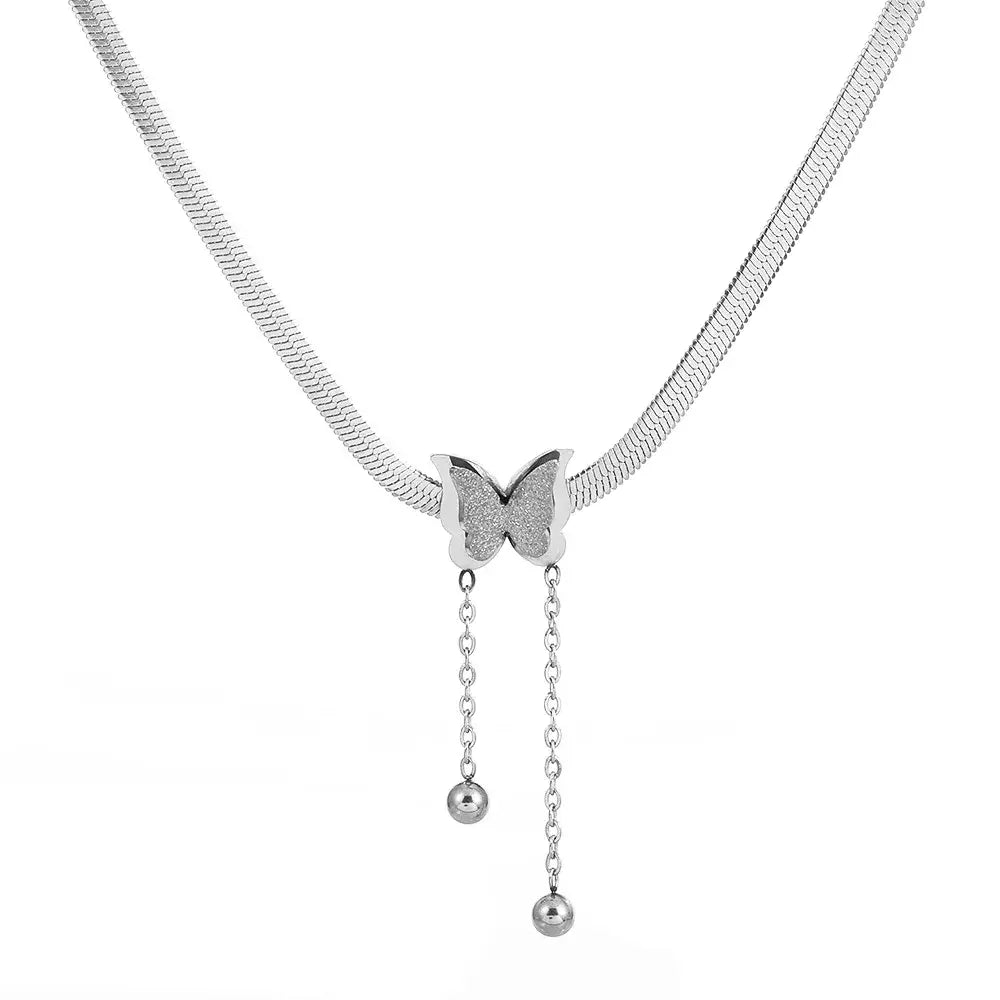 Stainless Steel Frosted Butterfly Necklace For Women Gold Silver Color Snake Chain Choker Necklace Female Fashion Party