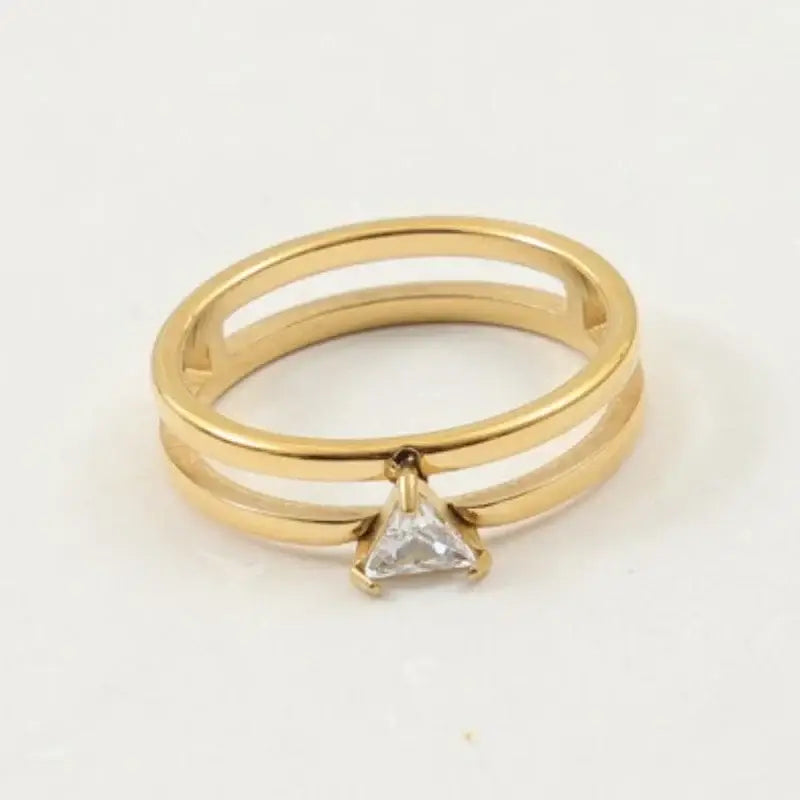 Stainless Steel Two-layer Shinny Triangle Zircon Ring for Women Gold Plated Jewelry