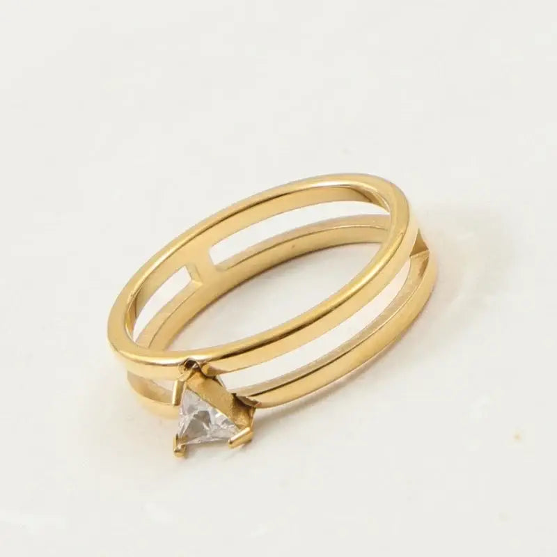 Stainless Steel Two-layer Shinny Triangle Zircon Ring for Women Gold Plated Jewelry