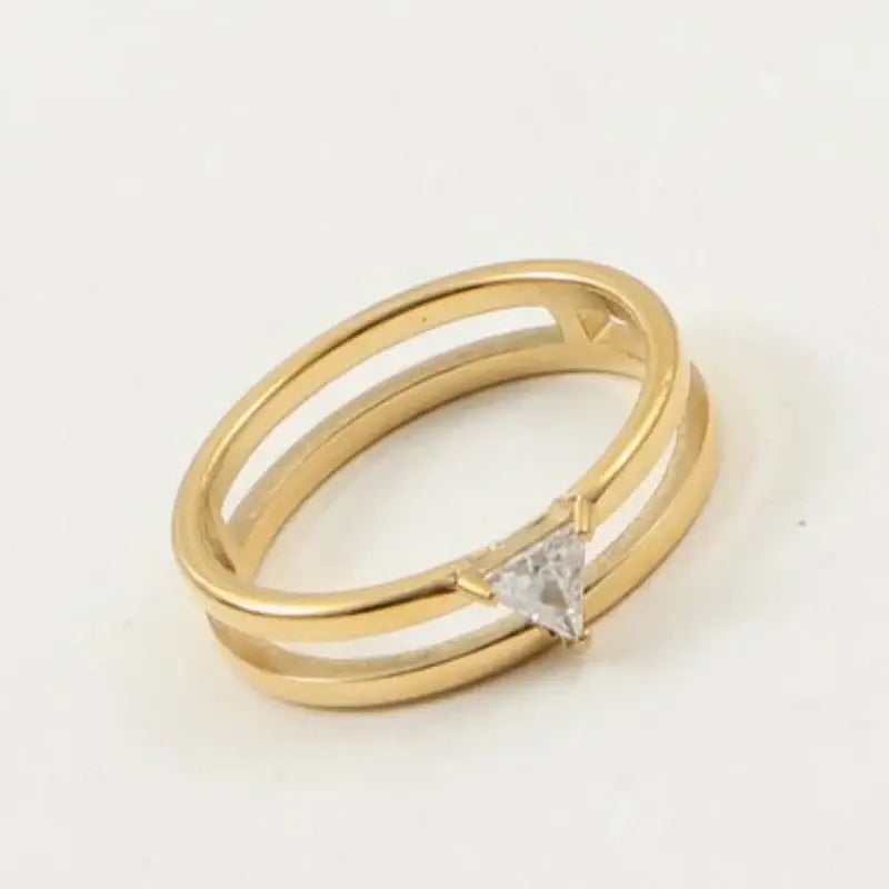 Stainless Steel Two-layer Shinny Triangle Zircon Ring for Women Gold Plated Jewelry