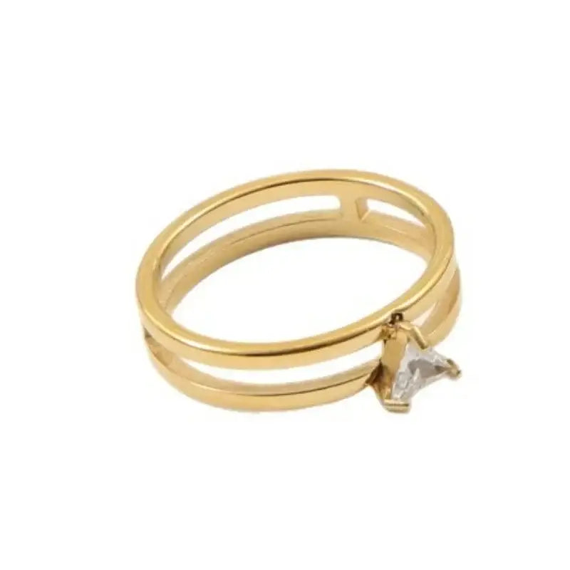 Stainless Steel Two-layer Shinny Triangle Zircon Ring for Women Gold Plated Jewelry