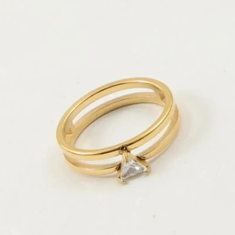 Stainless Steel Two-layer Shinny Triangle Zircon Ring for Women Gold Plated Jewelry