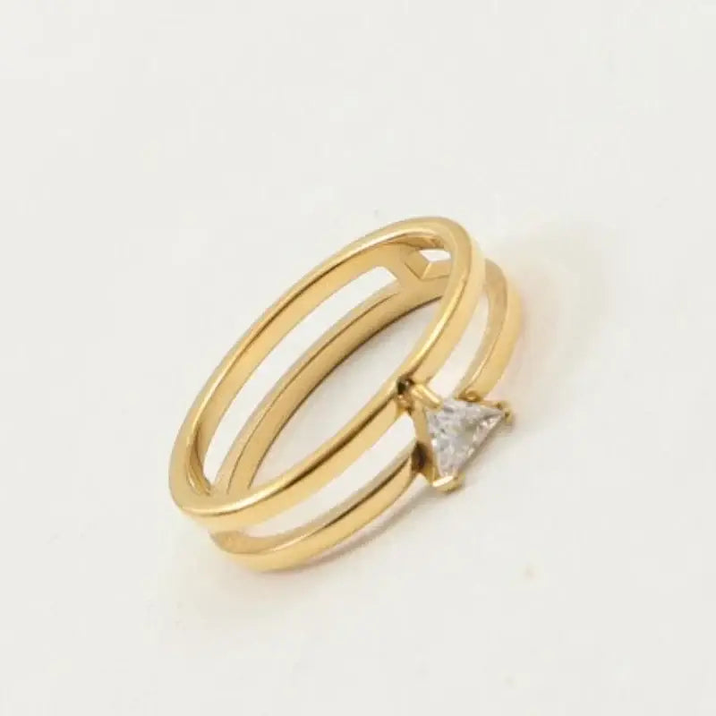 Stainless Steel Two-layer Shinny Triangle Zircon Ring for Women Gold Plated Jewelry