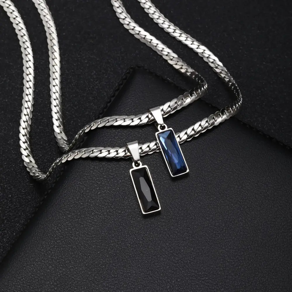 Stylish Mens Geometric Stone Pendent Necklaces,Stainless Steel Flat Cuban Chain Collars,Hip Hop Jewelry Gifts for Him