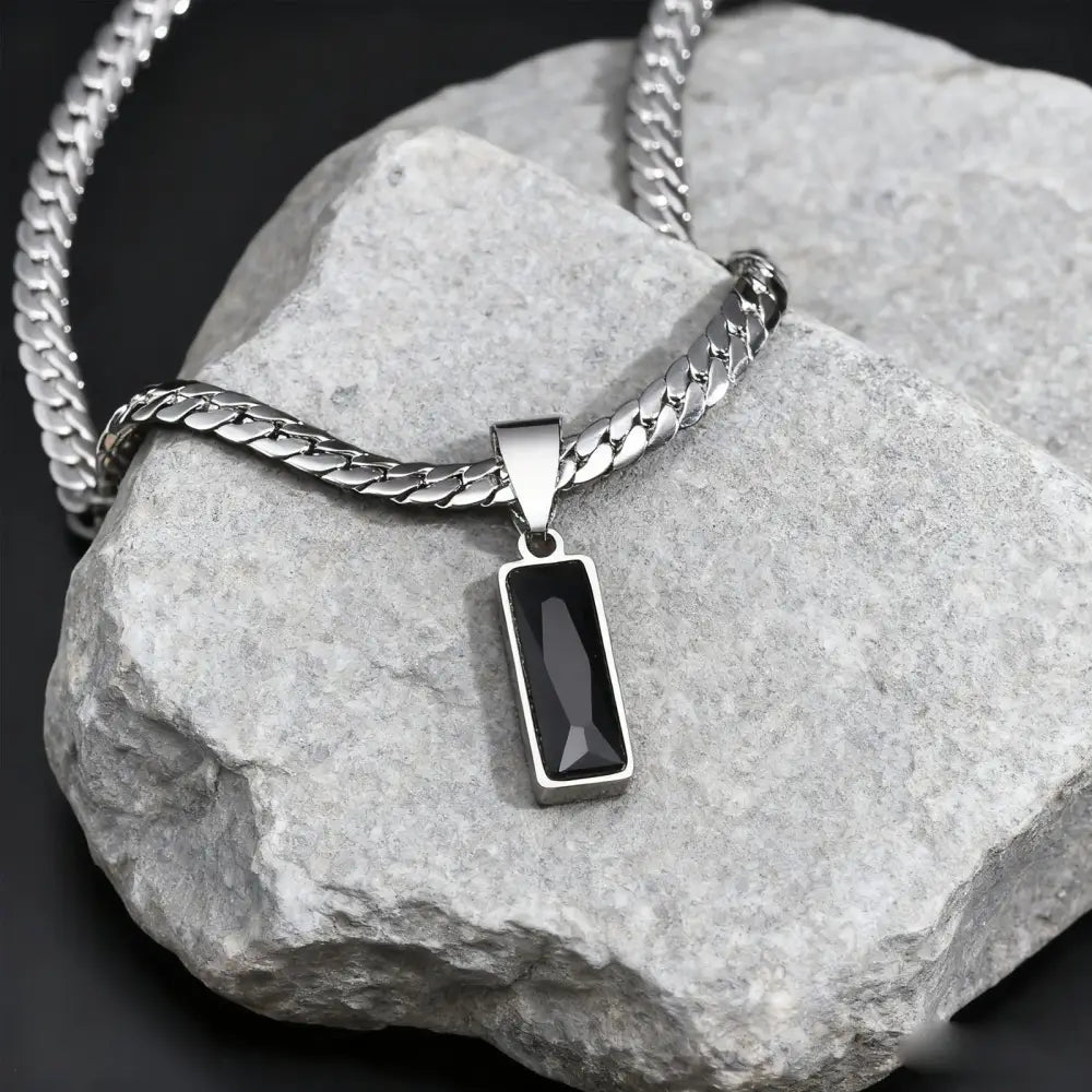 Stylish Mens Geometric Stone Pendent Necklaces,Stainless Steel Flat Cuban Chain Collars,Hip Hop Jewelry Gifts for Him