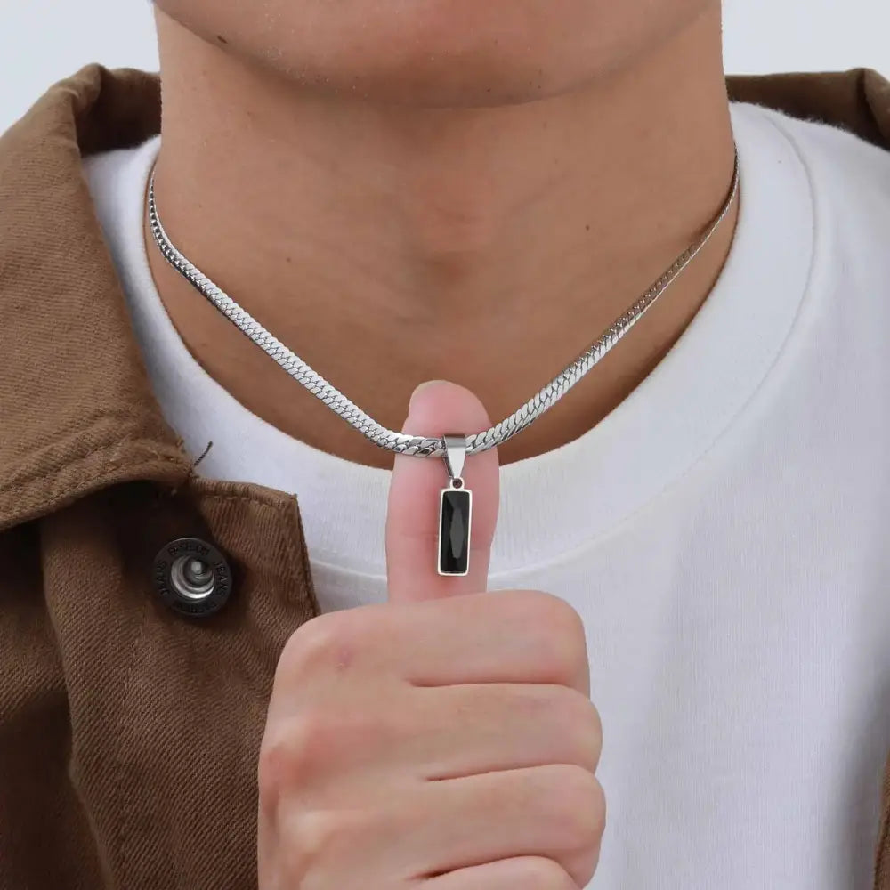 Stylish Mens Geometric Stone Pendent Necklaces,Stainless Steel Flat Cuban Chain Collars,Hip Hop Jewelry Gifts for Him