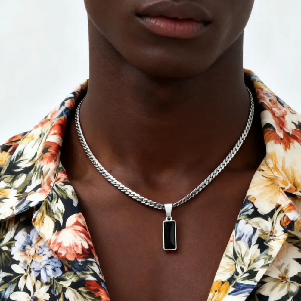 Stylish Mens Geometric Stone Pendent Necklaces,Stainless Steel Flat Cuban Chain Collars,Hip Hop Jewelry Gifts for Him