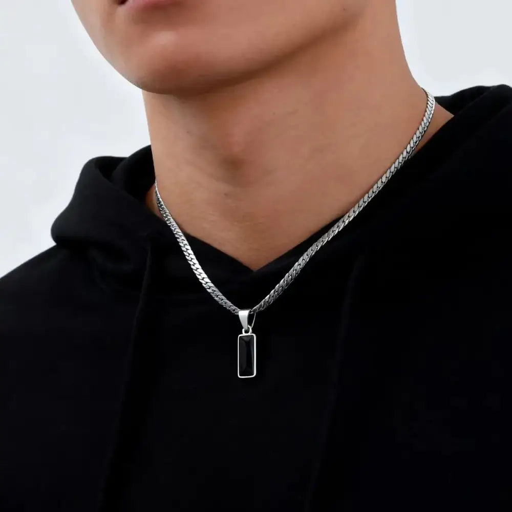 Stylish Mens Geometric Stone Pendent Necklaces,Stainless Steel Flat Cuban Chain Collars,Hip Hop Jewelry Gifts for Him