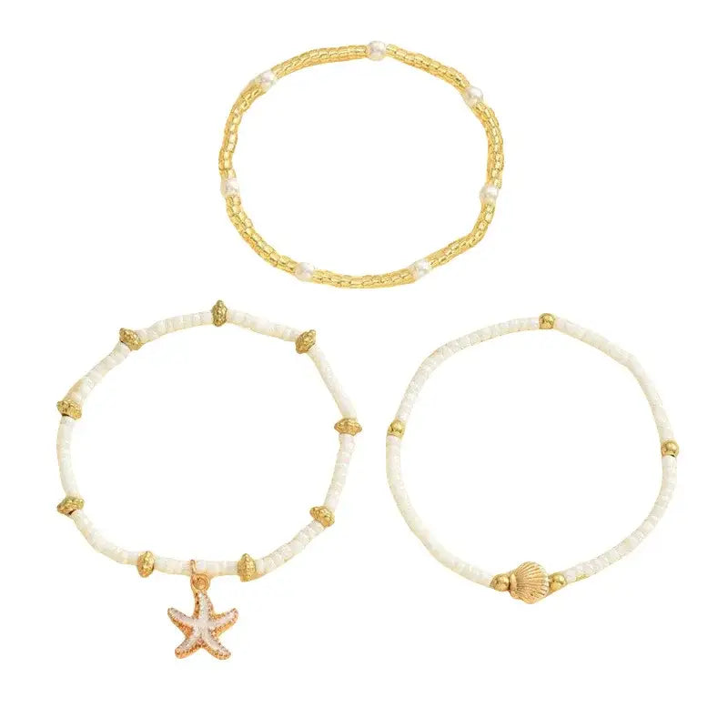Summer Bohemian Style Starfish Shell Millet Bead Ankle Chain Three-Layer Set Beachy Elegant Foot Jewelry Accessory