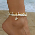 Summer Bohemian Style Starfish Shell Millet Bead Ankle Chain Three-Layer Set Beachy Elegant Foot Jewelry Accessory