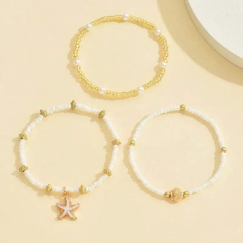 Summer Bohemian Style Starfish Shell Millet Bead Ankle Chain Three-Layer Set Beachy Elegant Foot Jewelry Accessory