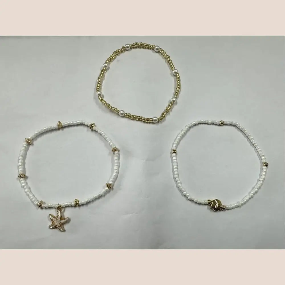 Summer Bohemian Style Starfish Shell Millet Bead Ankle Chain Three-Layer Set Beachy Elegant Foot Jewelry Accessory