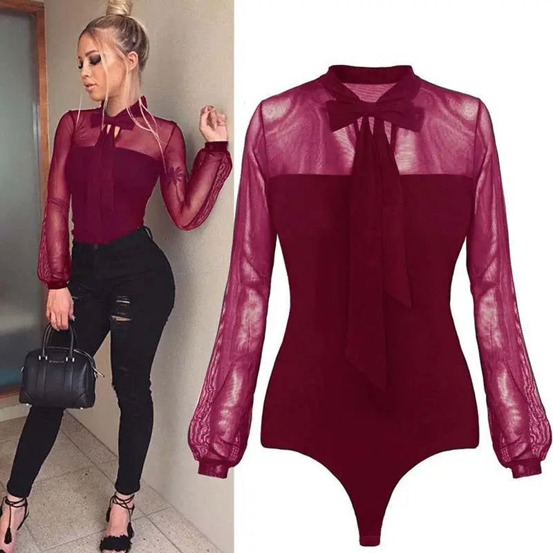 Summer Women’s Lace Mesh Bodysuit with Bow Detail