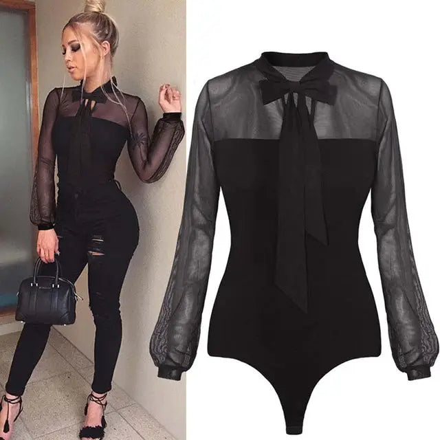 Summer Women’s Lace Mesh Bodysuit with Bow Detail - black / M