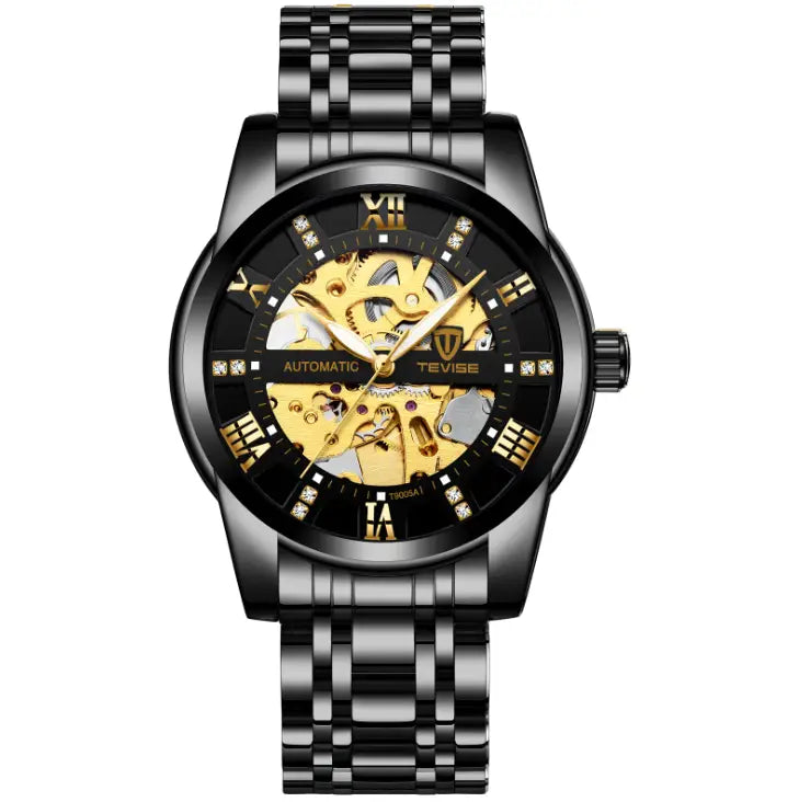 Tevise t9005a automatic mechanical watch with black and gold skeleton dial and polished stainless steel bracelet