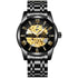 Tevise t9005a automatic mechanical watch with black and gold skeleton dial and polished stainless steel bracelet