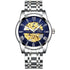 Silver-toned tevise t9005a automatic mechanical watch with deep blue dial roman numerals and diamond accents
