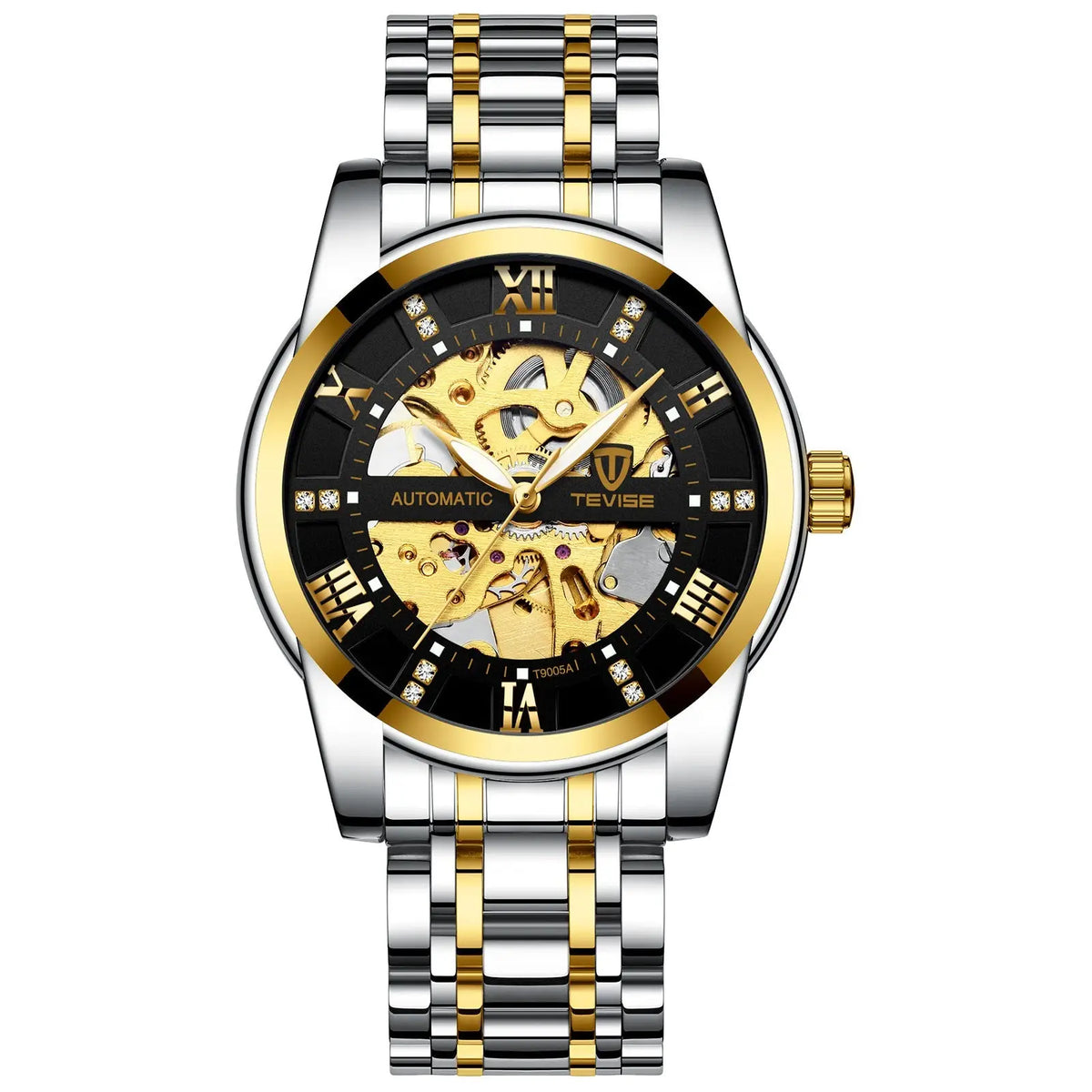 Tevise t9005a men’s automatic mechanical watch with two-tone stainless steel and gold skeleton design and diamond accents