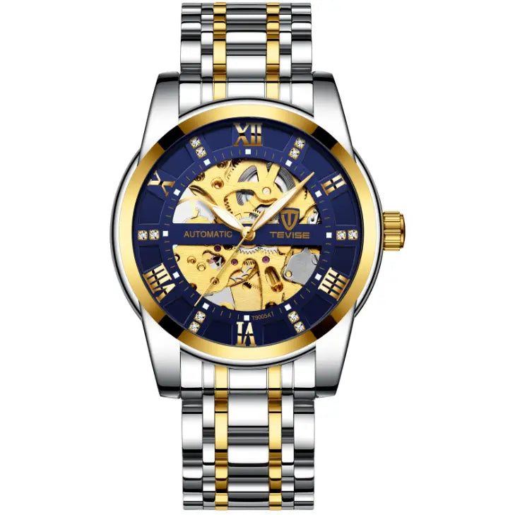 Tevise t9005a men’s automatic mechanical watch with two-tone stainless steel and gold skeleton design and blue face