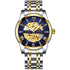 Tevise t9005a men’s automatic mechanical watch with two-tone stainless steel and gold skeleton design and blue face