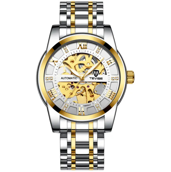 Tevise t9005a men’s automatic mechanical watch with silver and gold two-tone skeleton design and diamond bezel accents