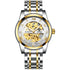 Tevise t9005a men’s automatic mechanical watch with silver and gold two-tone skeleton design and diamond bezel accents