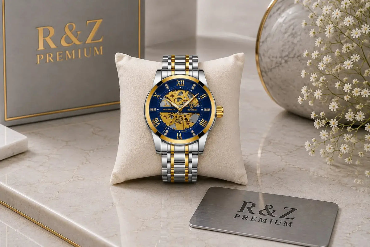 Tevise t9005a men’s stylish automatic mechanical watch with blue skeleton dial and two-tone stainless steel gold bracelet