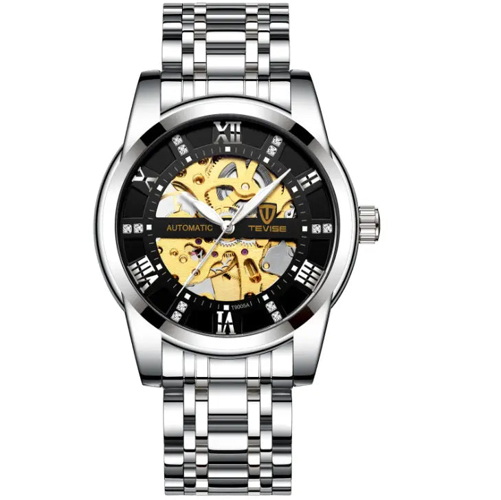 Tevise t9005a men’s silver-toned automatic mechanical watch with black dial roman numerals and golden skeleton movement