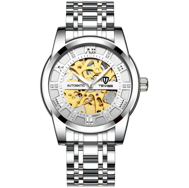 Silver-toned tevise t9005a automatic mechanical watch with skeleton dial, golden gears, roman numerals, and diamond accents
