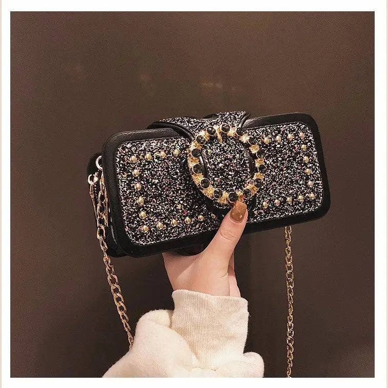 Trendy Sequin Women’s Shoulder Bag with Chain Strap - brown