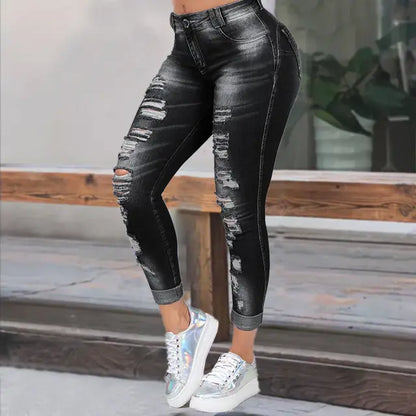 Trendy Slim Fit Casual Ripped Women’s Jeans - Black / 4XL