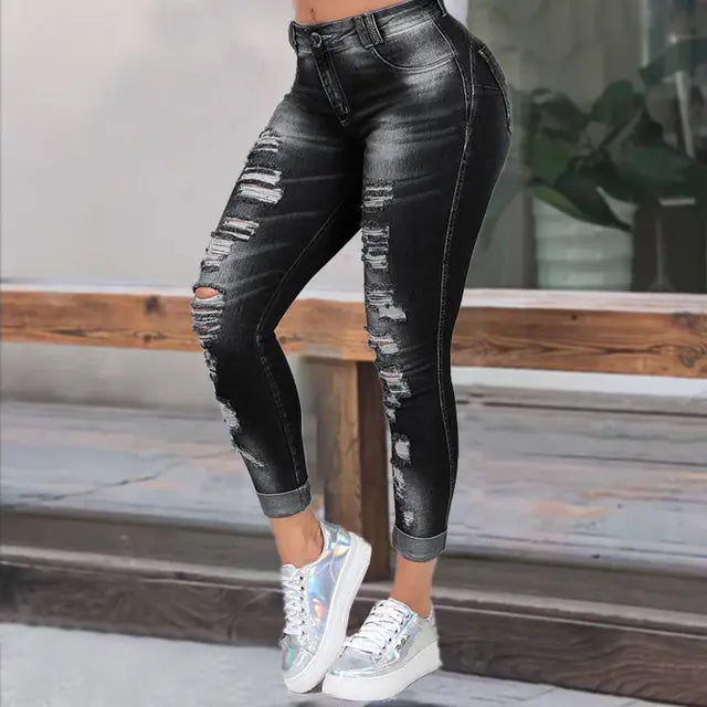 Trendy Slim Fit Casual Ripped Women’s Jeans - Black / L