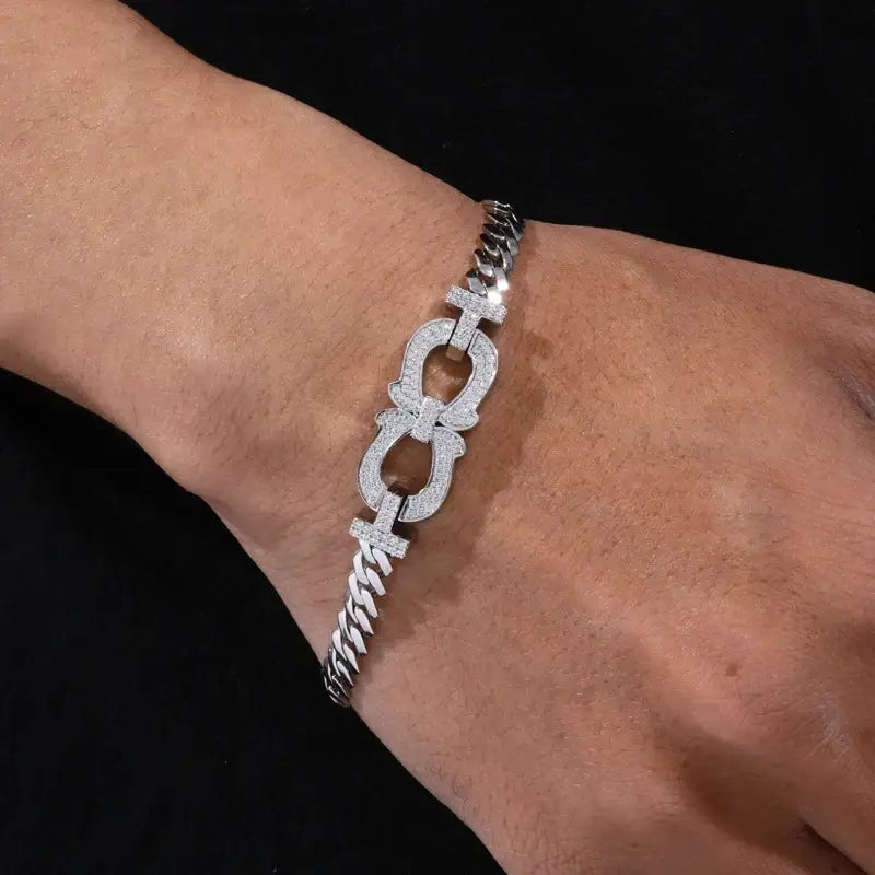 TUHE Silver Plated Copper Cuban Link Bracelet Iced Out Cubic Zirconia Double Horseshoe Charm For Men Hip Hop Jewelry