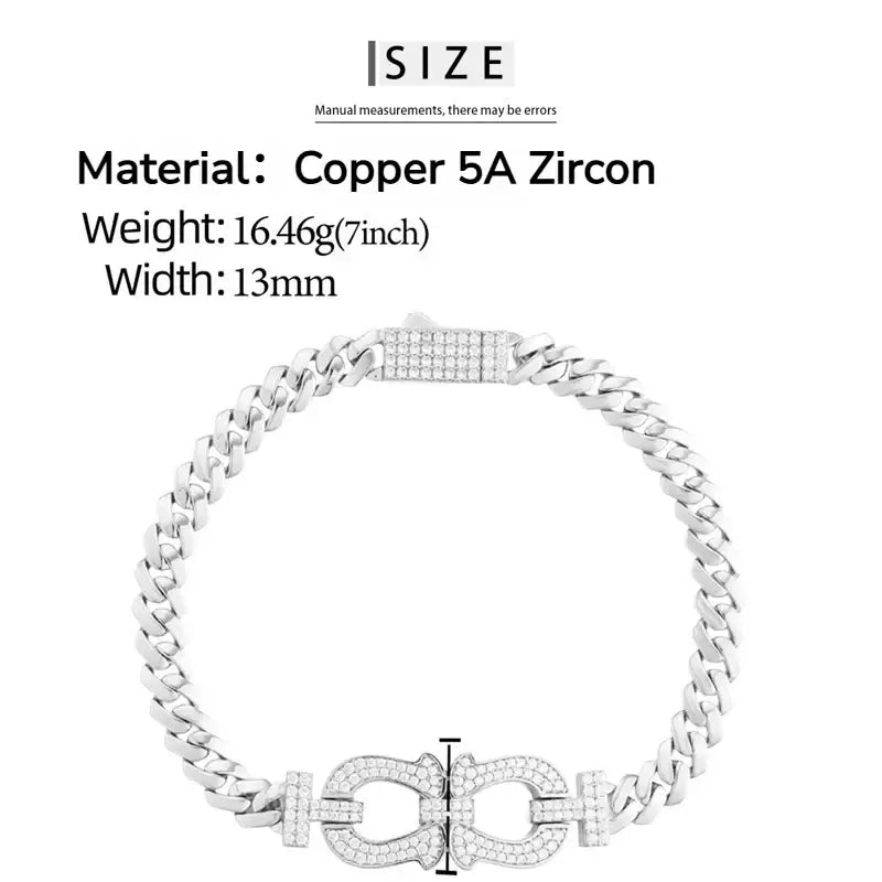 TUHE Silver Plated Copper Cuban Link Bracelet Iced Out Cubic Zirconia Double Horseshoe Charm For Men Hip Hop Jewelry