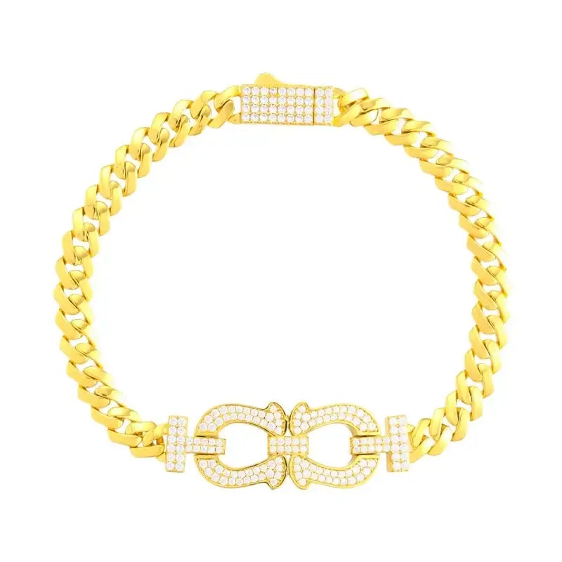 TUHE Silver Plated Copper Cuban Link Bracelet Iced Out Cubic Zirconia Double Horseshoe Charm For Men Hip Hop Jewelry
