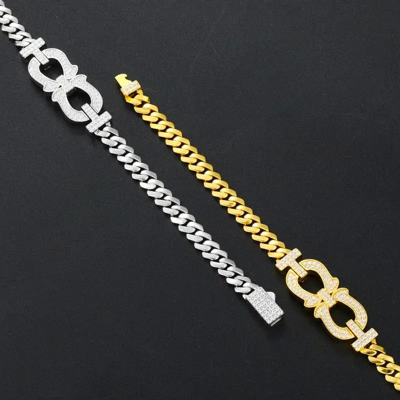 TUHE Silver Plated Copper Cuban Link Bracelet Iced Out Cubic Zirconia Double Horseshoe Charm For Men Hip Hop Jewelry