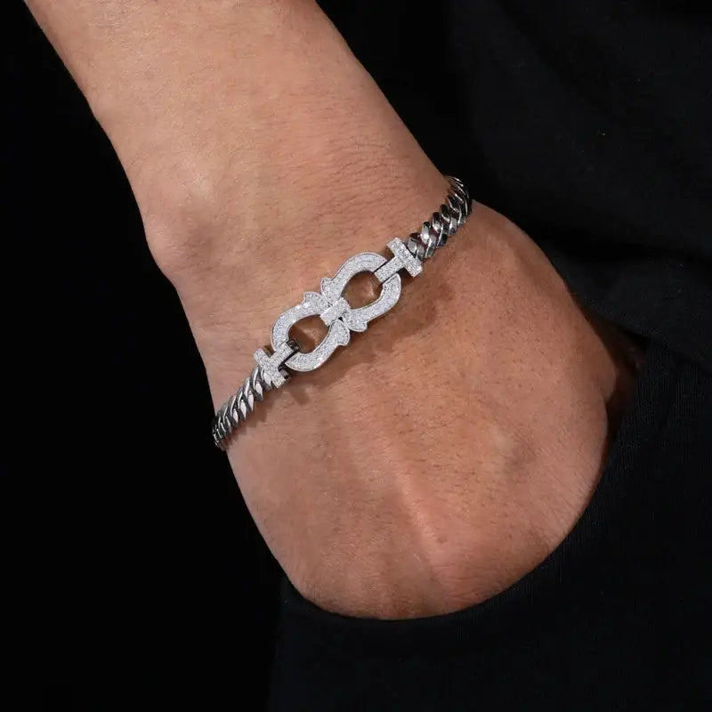 TUHE Silver Plated Copper Cuban Link Bracelet Iced Out Cubic Zirconia Double Horseshoe Charm For Men Hip Hop Jewelry