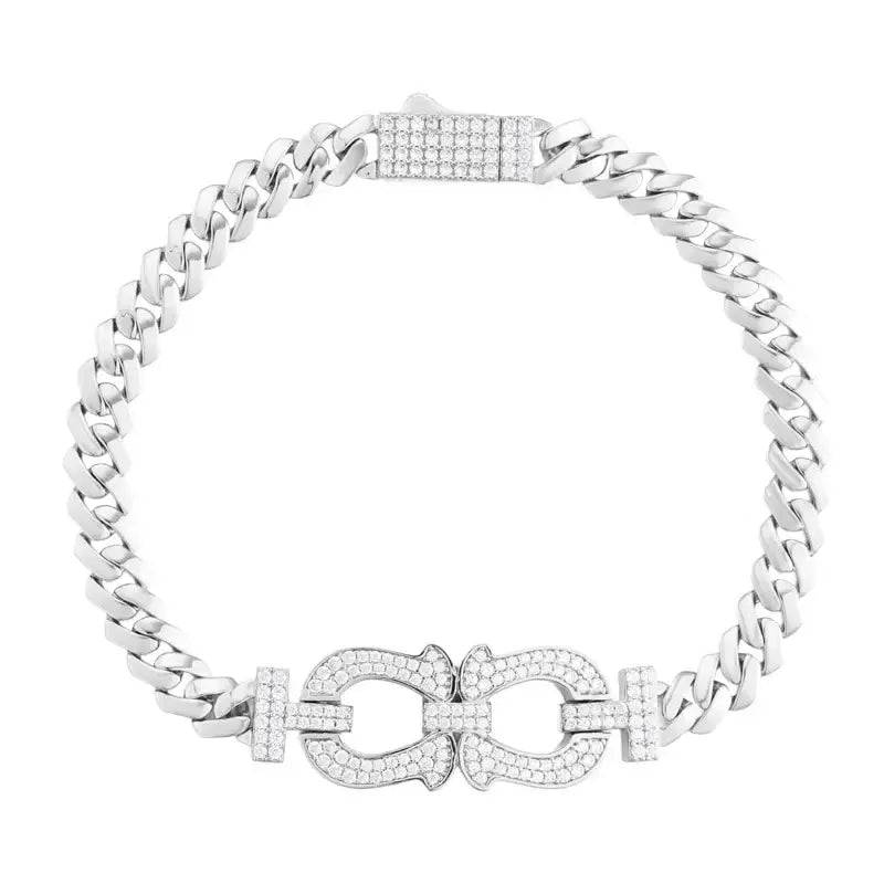 TUHE Silver Plated Copper Cuban Link Bracelet Iced Out Cubic Zirconia Double Horseshoe Charm For Men Hip Hop Jewelry